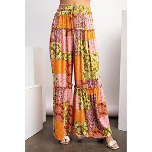Easel Lost in Love Patchwork Boho Pants in Peach Avocado